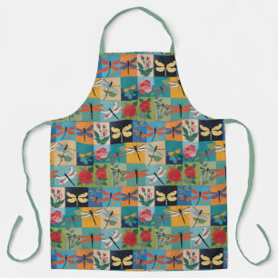 Bunte Libellen und Rosen Patchwork Schürze