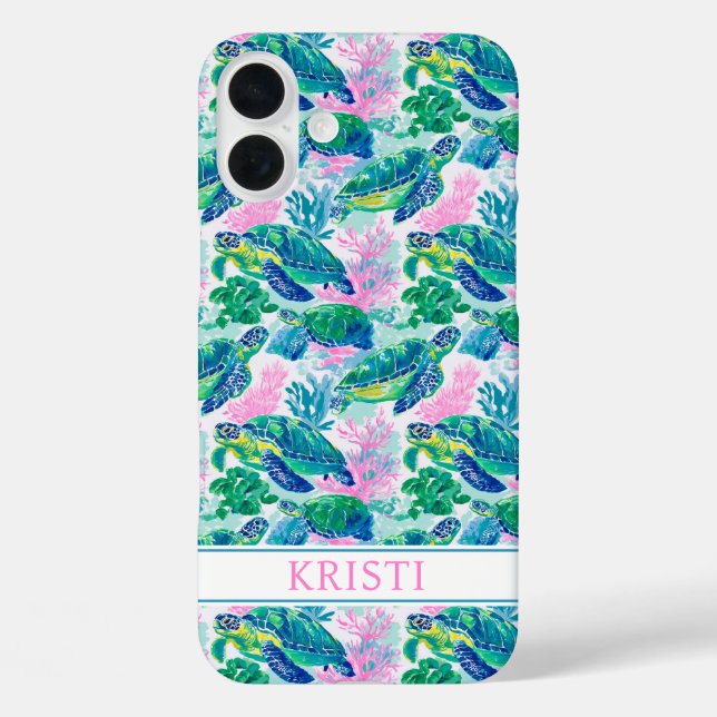 Bunte Meeresschildkröten Monogramm iPhone 16 Plus Hülle (Rückseite)