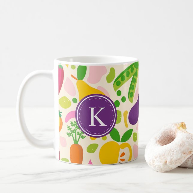 Bunte Monogramm-Früchte-Gemüse  Kaffeetasse (Mit Donut)