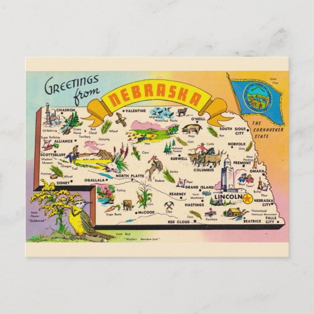 Bunte Nebraska-Karte Postkarte (Vorderseite)