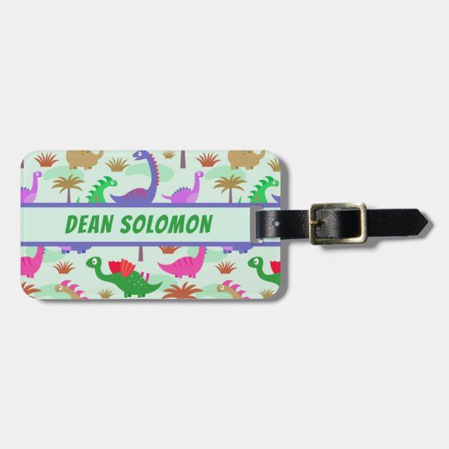 Bunte niedliche Dinosaurier-personalisierte Gepäckanhänger (Vorderseite horizontal)