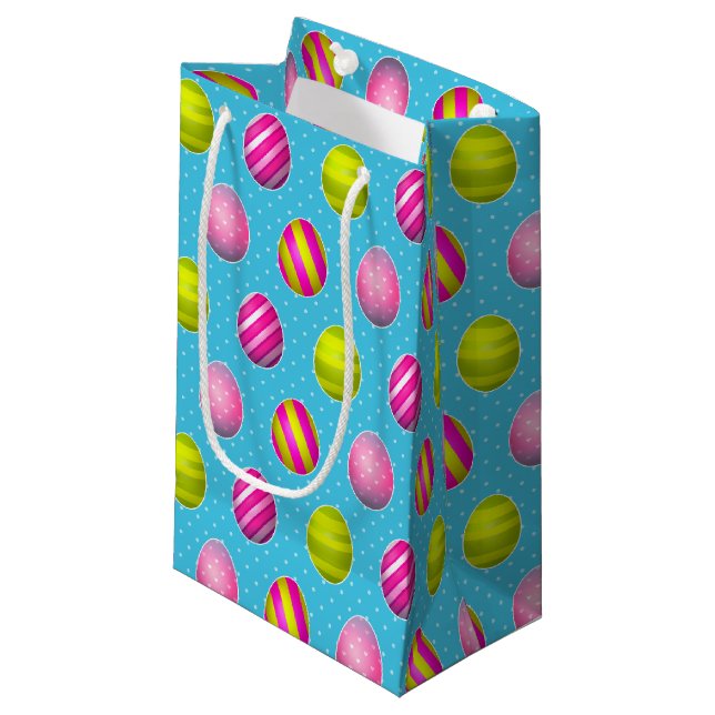 Bunte Ostereier auf Polka Dot Hintergrund Kleine Geschenktüte (Vorderseite Schrägansicht)