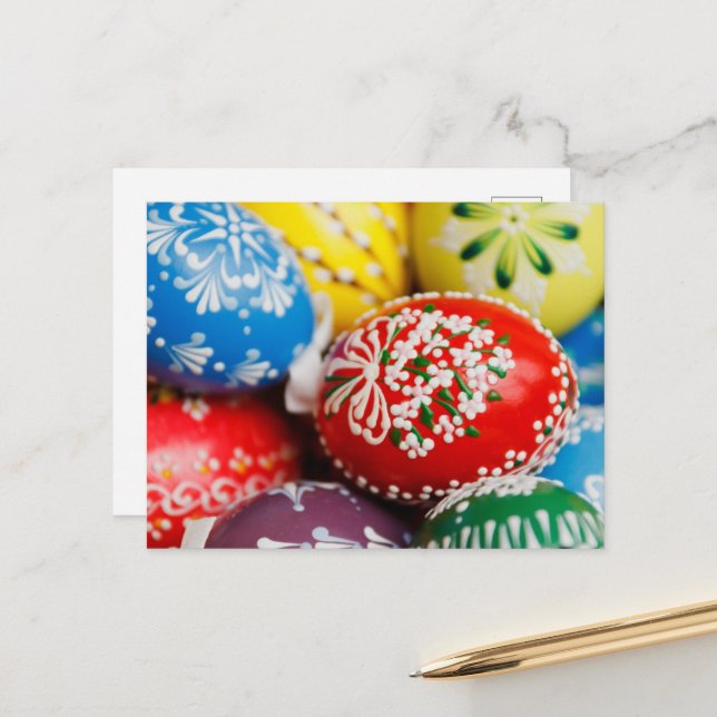Bunte Ostereier, glückliche Ostern, Urlaub Feiertagspostkarte (Vorderseite/Rückseite Beispiel)
