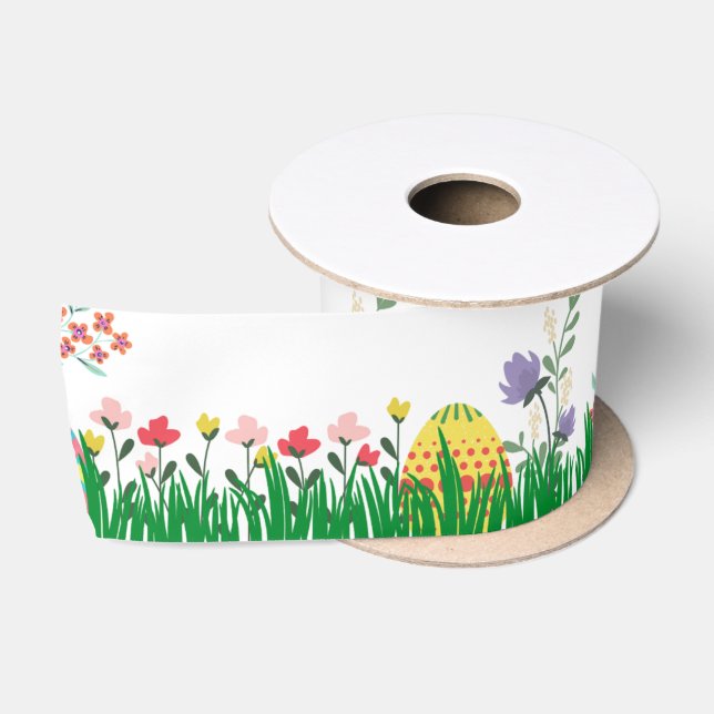 Bunte Ostereier und Frühlingsblumen Satinband (Spule)