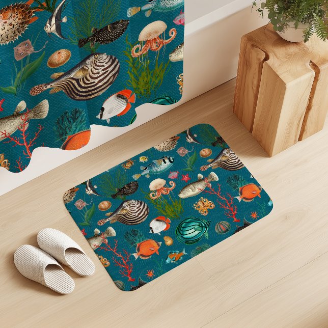 Bunte Ozeanien-Fische auf türkisfarbenem Hintergru Badematte (Von Creator hochgeladen)