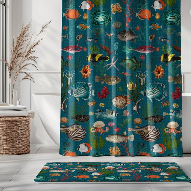 Bunte Ozeanien-Fische auf türkisfarbenem Hintergru Duschvorhang (Von Creator hochgeladen)
