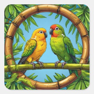 🦜 Bunte Papageien Bambus Tropische Kunst 🦜 Quadratischer Aufkleber
