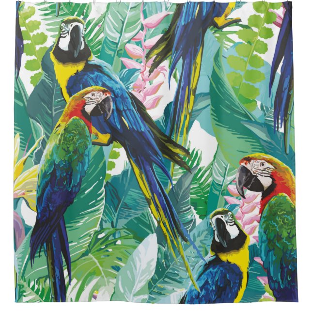 bunte Papageien und exotische Blume Duschvorhang (Vorderseite)