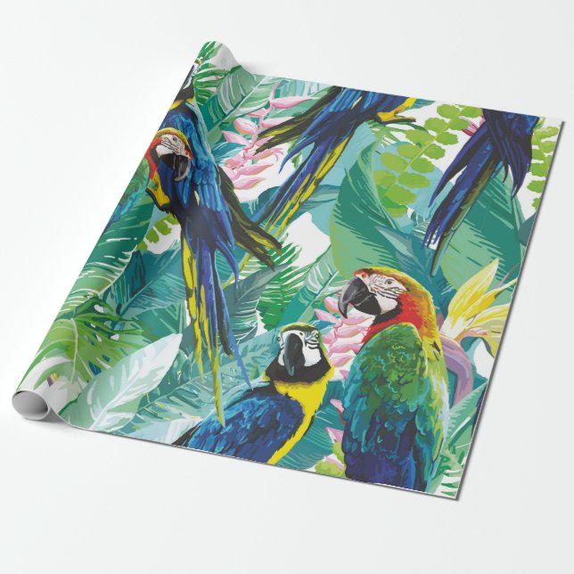 bunte Papageien und exotische Blume Geschenkpapier (Ungerollt)