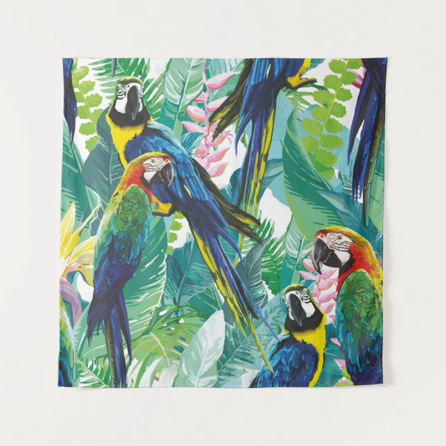 bunte Papageien und exotische Blume Wandteppich (Vorderseite)