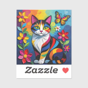 Bunte Papierkatze, Blumen und Schmetterlinge Aufkleber