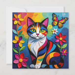 Bunte Papierkatze, Blumen und Schmetterlinge Karte