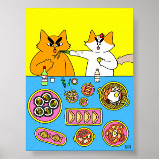 Bunte Pastell-Koreanische-Food-Katze-Illustration Poster