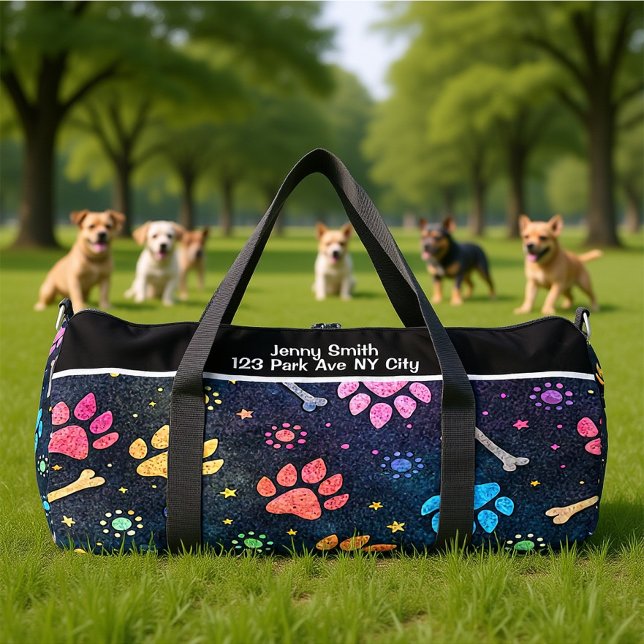 Bunte Pfoten-Knochen-Kosmische-Monogramm-Personali Duffle Bag (Von Creator hochgeladen)