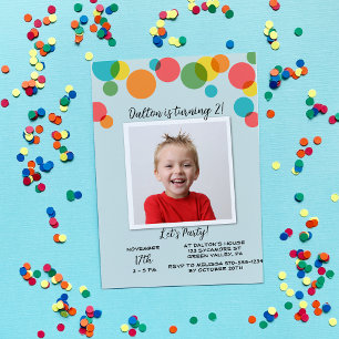 Bunte Polka Dots Boys Foto Geburtstag Einladung