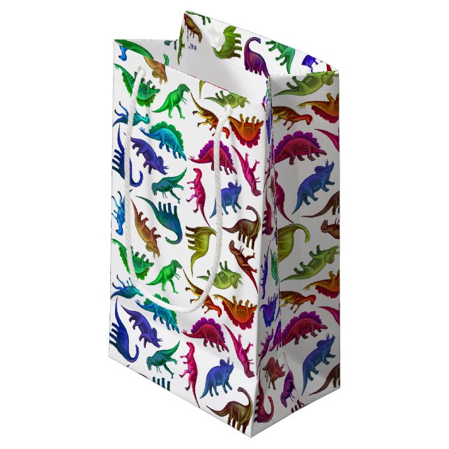 Bunte prähistorische Dinosaurier-Geschenk-Tasche Kleine Geschenktüte (Vorderseite Schrägansicht)