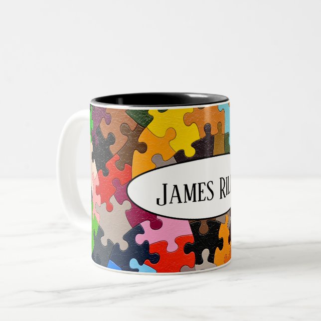 bunte Puzzleteile Zweifarbige Tasse (Vorderseite Links)
