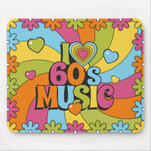 Bunte Retro-60er-Musik-Herzen-Wellen und Blumen  Mousepad