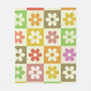Bunte Retro-Blumen auf Schachbrettmuster Fleecedecke