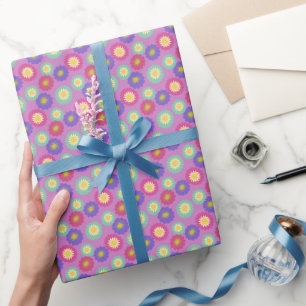 Bunte Retro-Blumen in Lila, Rosa und Grün Geschenkpapier