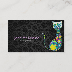 Bunte Retro-Blumenkatze und schwarze Damastmuster Visitenkarte