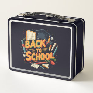 Bunte Retro-Cartoon-Illustration "Zurück zur Schul Metall Brotdose