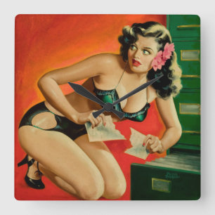 Bunte Retro-Femme-Fatal-Uhr Quadratische Wanduhr