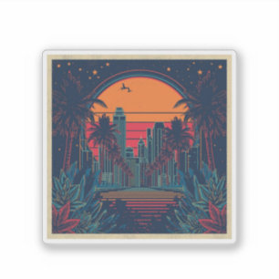 Bunte Retro-Futuristische Doodle-Style-Skyline Aufkleber