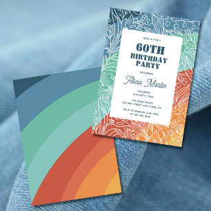 Bunte Retro-Groovy-Regenbogen-Blumen zum 60. Gebur Einladung