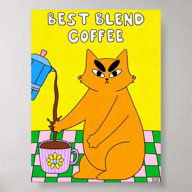 Bunte Retro-Katze-Kaffee-Illustration Poster (Vorne)