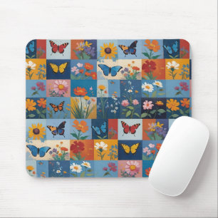 Bunte Schmetterlinge und Wildblumen Patchwork Mousepad