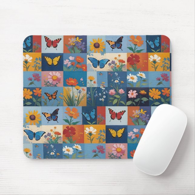 Bunte Schmetterlinge und Wildblumen Patchwork Mousepad (Mit Mouse)