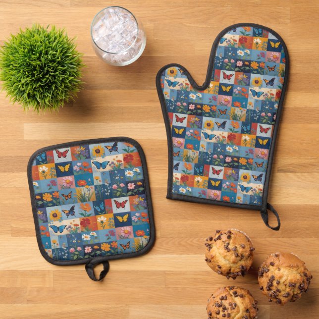 Bunte Schmetterlinge und Wildblumen Patchwork Ofenhandschuh & Topflappen-Set (Oben Unten)
