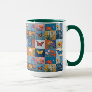 Bunte Schmetterlinge und Wildblumen Patchwork Tasse