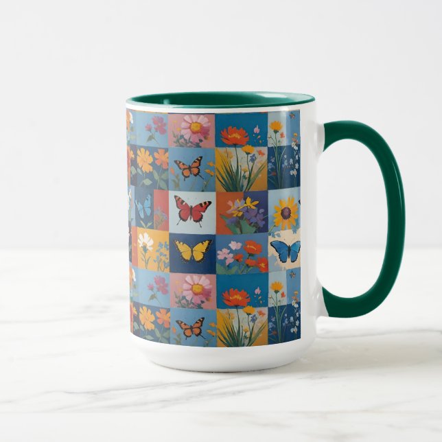 Bunte Schmetterlinge und Wildblumen Patchwork Tasse (Rechts)
