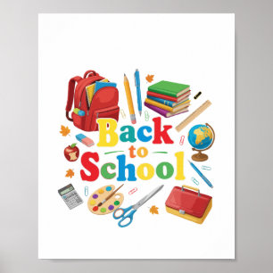 Bunte Schulranzen und Schulbedarf Lustige Kinder Poster