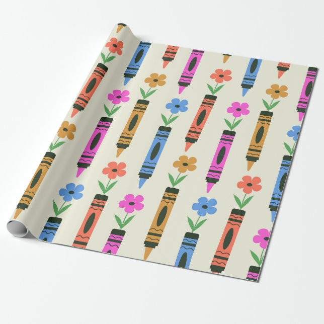Bunte Schulstifte mit Retro-Blumen-Muster Geschenkpapier (Ungerollt)