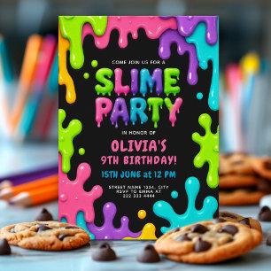 Bunte Slime Geburtstagsparty mit Neon Goo Tropfen Einladung