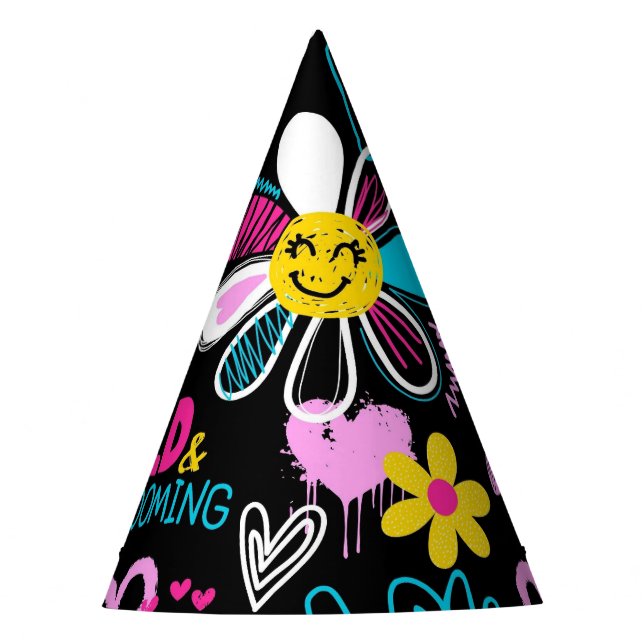 Bunte Smiley-Blumen-Graffiti-Muster-Babylätzchen Partyhütchen (Vorderseite)