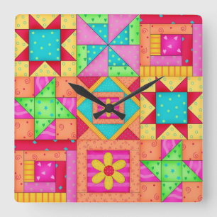 Bunte Steppdecken-Patchwork-Block-Kunst Quadratische Wanduhr