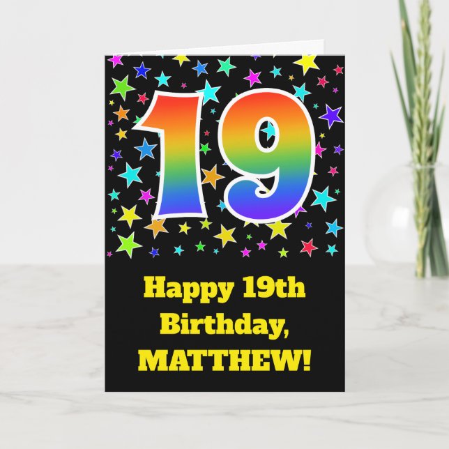 Bunte Sterne + Regenbogen-Muster "19" Geburtstag # Karte (Vorderseite)