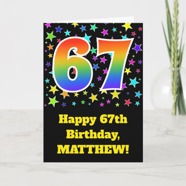 Bunte Sterne + Regenbogen-Muster "67" Geburtstag # Karte (Vorderseite)