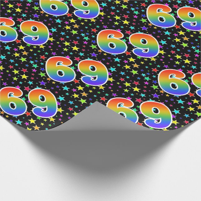 Bunte Sterne + Regenbogen-Muster "69" Ereignis # Geschenkpapier (Ecke)