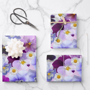 Bunte Stiefmütterchen- und Gänseblümchen-Blumen Geschenkpapier Set