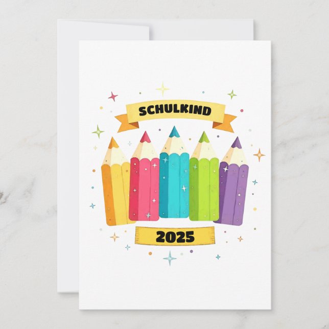 Bunte Stifte mit Sternchen - Schulkind 2025 | Einladung (Vorderseite)