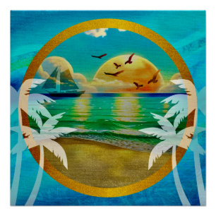 Bunte Strand mit einer Palme und einer Sonne Poster