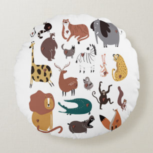 Bunte süße Doodle-Cartoon-Sammlung von Wildtieren Rundes Kissen