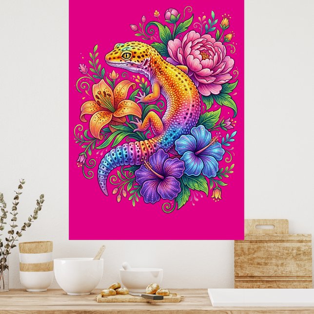 Bunte Süße Leopardgecko-Blumen Regenbogen Poster (Küche)