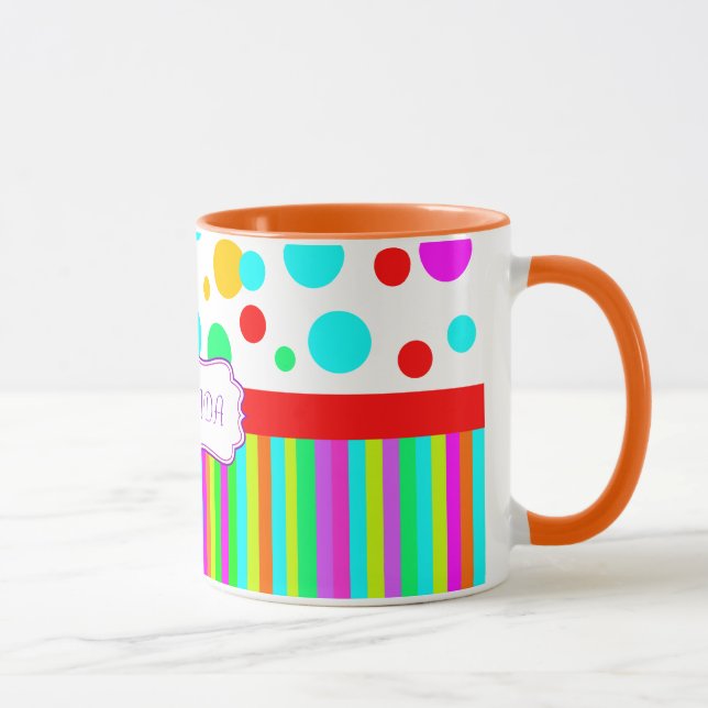 bunte Tasse, Polkapunkte und Streifenmonogramm Tasse (Rechts)