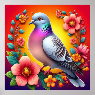 Bunte Taube umgeben von lebendigen Blumen Poster